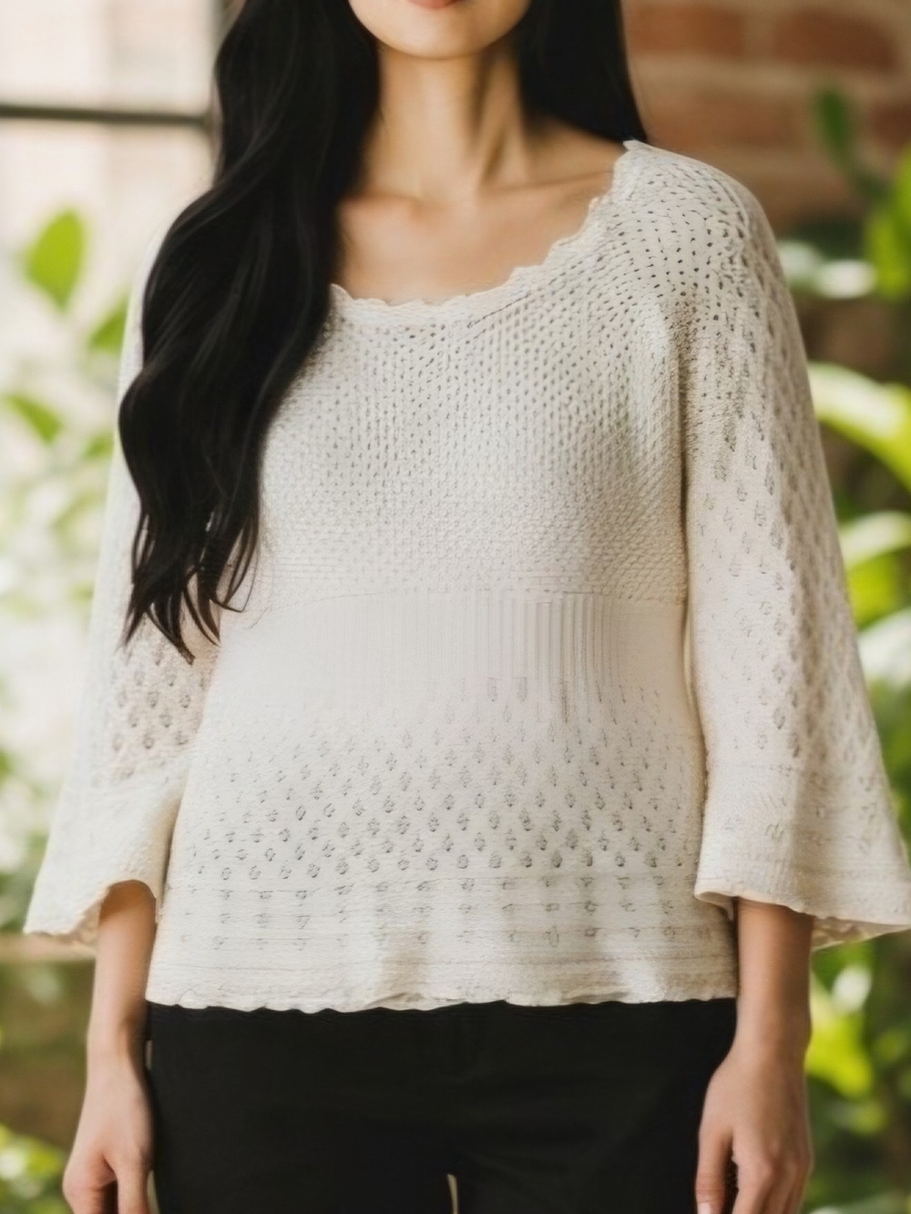 Avenue Crochet Knit Sweater Cream Boho Wool Rabbit Hair Bell Sleeve Size 22/24